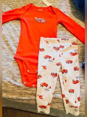 Carter's Red Long-Sleeve Bodysuit with Gray Firetruck Pants
